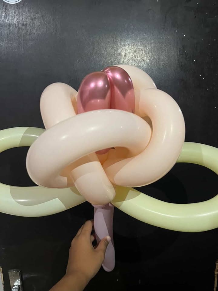 Bunga balon putih dengan pusat merah muda di latar gelap