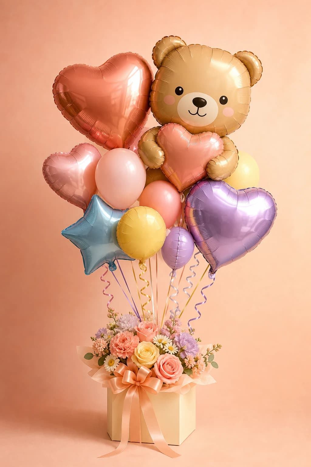 Rangkaian hadiah balon warna pastel dengan balon beruang, hati, dan bunga